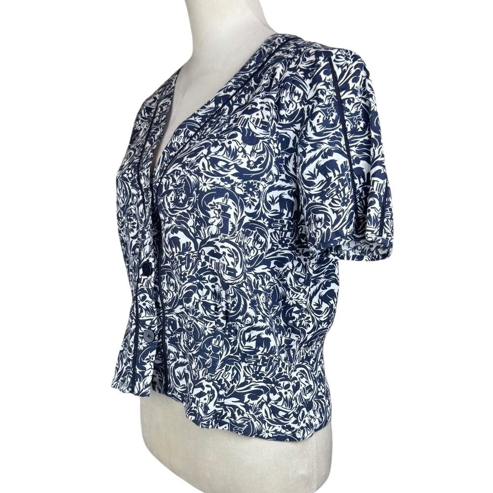 Brora 100% Linen Indigo Blue Vintage Pattern Short Sleeve Button Up V-Neck Top - Picture 3 of 12